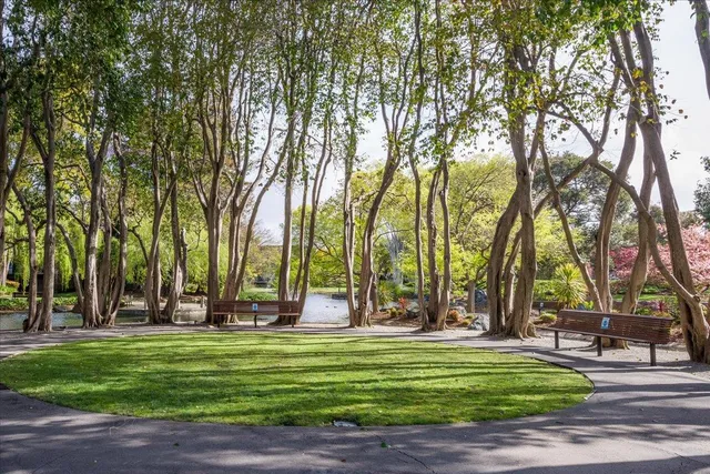 a garden view with a fountain
