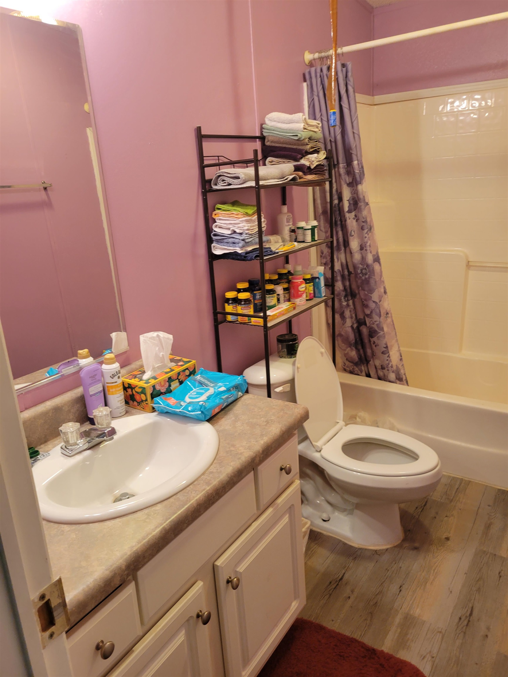 2496 Detroit Road Burlison, TN 38015 - Photo 11 of 25 Bathroom featuring wood finished floors, vanity, and shower / bath combination with curtain