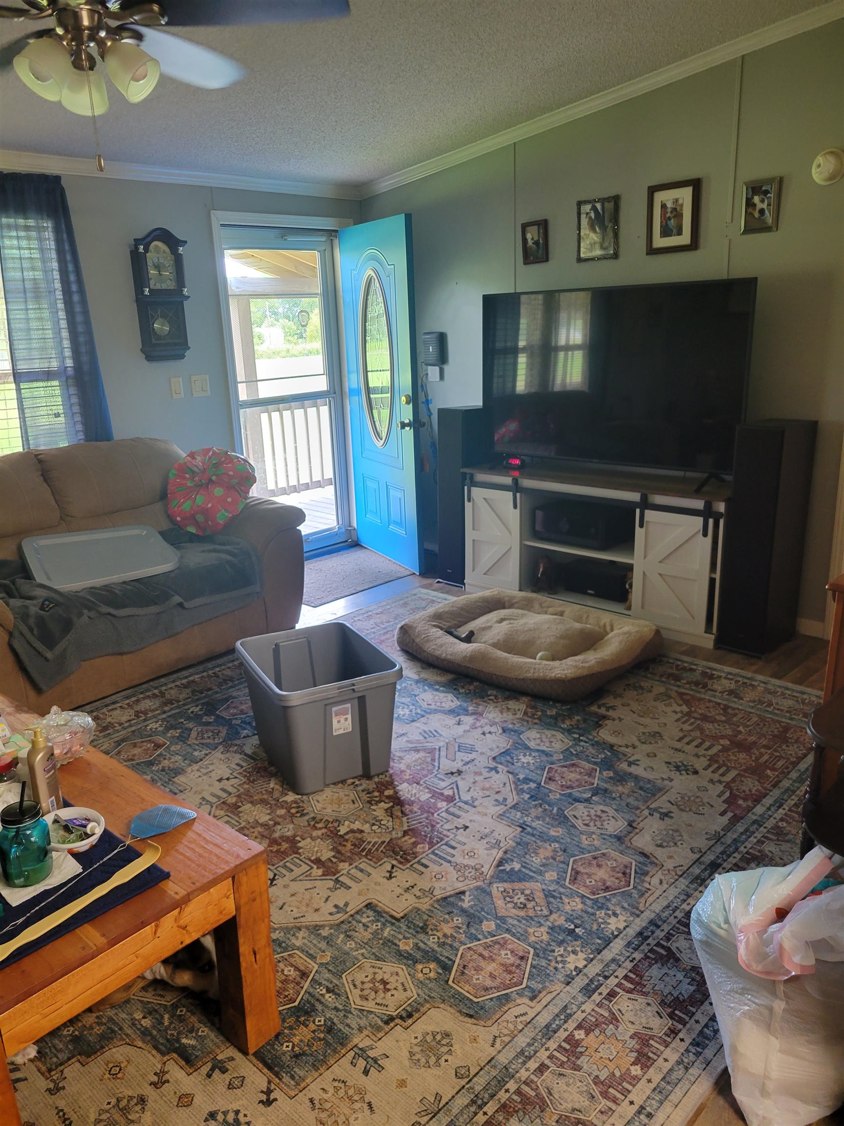 2496 Detroit Road Burlison, TN 38015 - Photo 24 of 25 Living room with ornamental molding, ceiling fan, and a textured ceiling