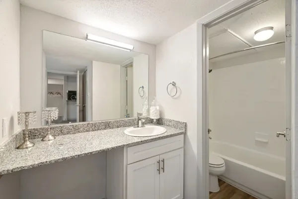 a bathroom with a granite countertop sink mirror toilet and bathtub
