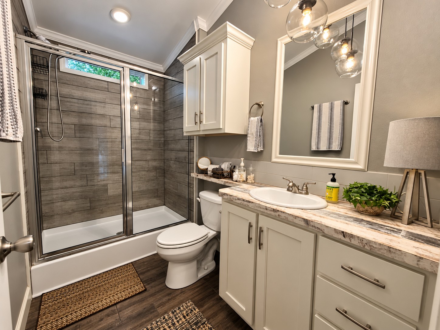777 Caddo Hills Road Caddo, OK 74729 - Photo 27 of 36 Glass-enclosed shower with wood-finish tile surround