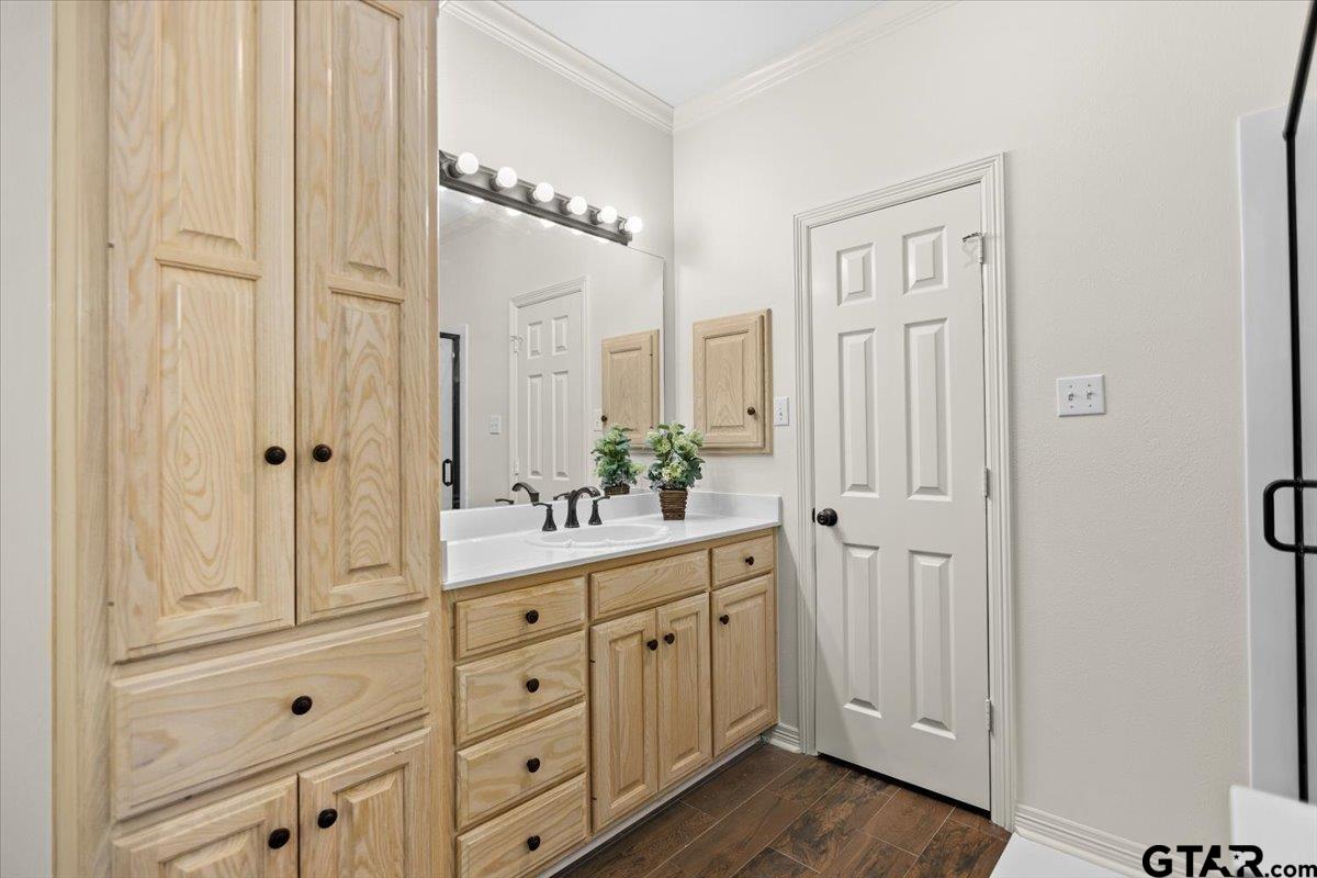 1336 Bridle Path Lane Hideaway, TX 75771 - Photo 46 of 48 a spacious bathroom with a double vanity sink a mirror and shower