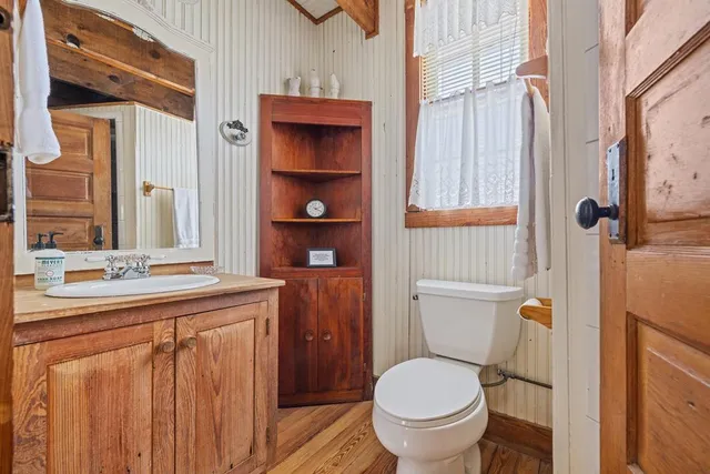 a bathroom with a toilet a sink and a mirror