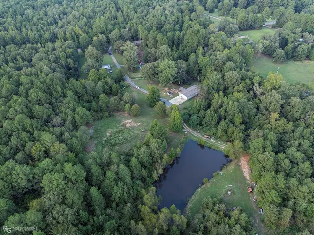 an aerial view of residential houses with outdoor space and trees