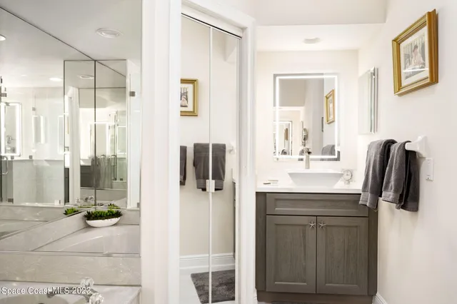 a bathroom with a sink a mirror a shower and vanity