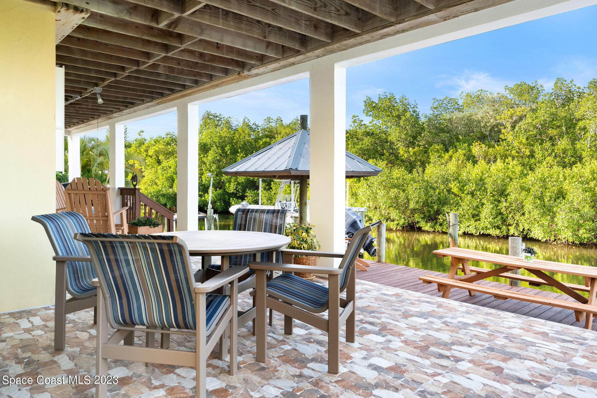 5280 95th Street Sebastian, FL 32958 - Photo 40 of 42 a view of a patio with a table chairs and a swimming pool