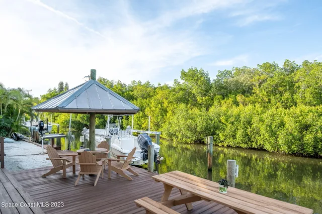 a view of a lake with a patio