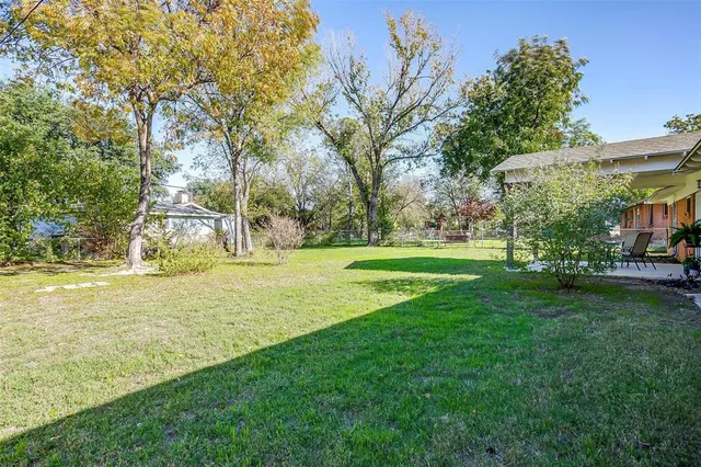 a view of a park with large trees