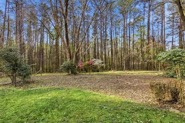 a backyard of apartments with large trees