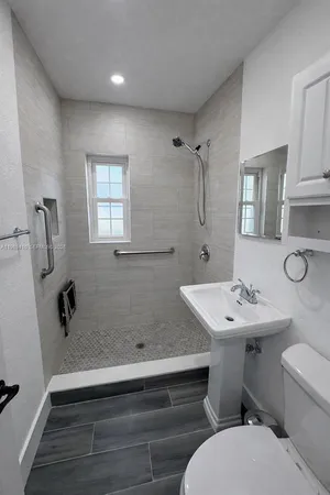 a bathroom with a sink toilet and mirror