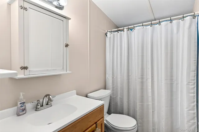 a bathroom with a sink a toilet and shower curtain