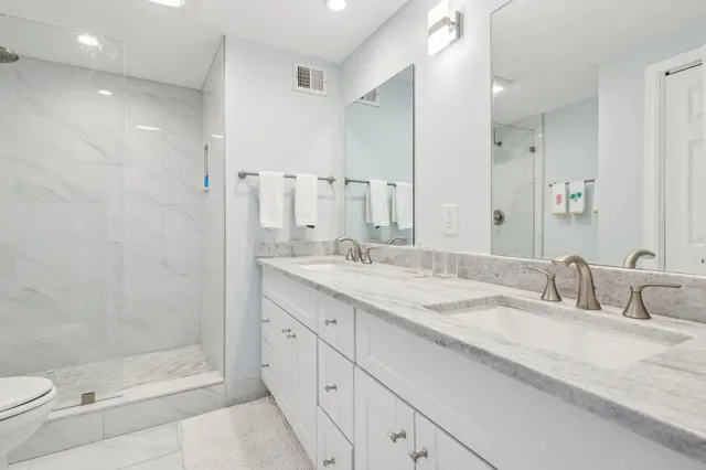 a bathroom with a shower and a toilet