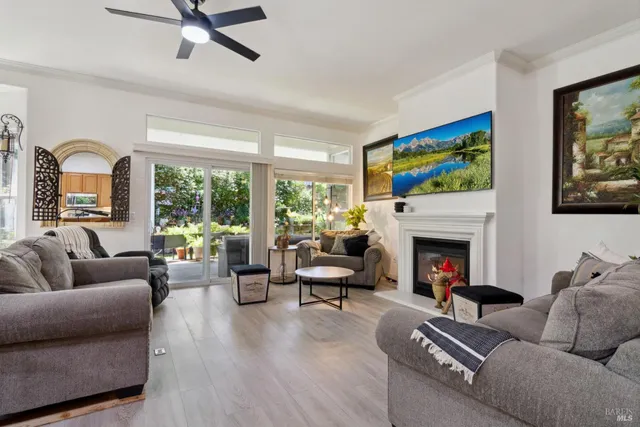 a living room with furniture a flat screen tv and a fireplace