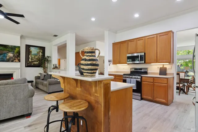 a view of a dining room with furniture window and outside view