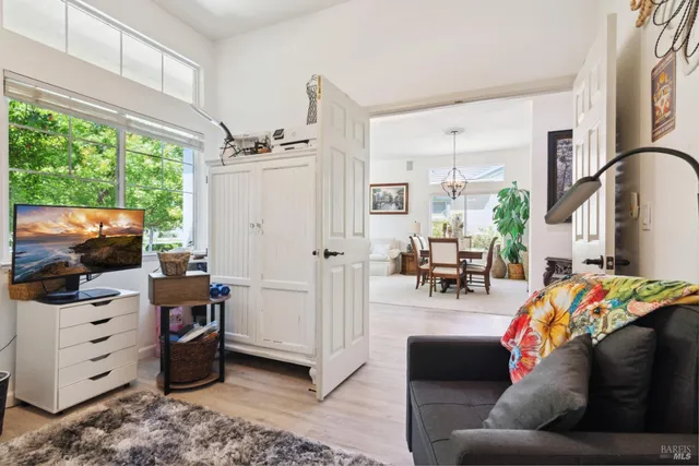 a living room with furniture and a potted plant