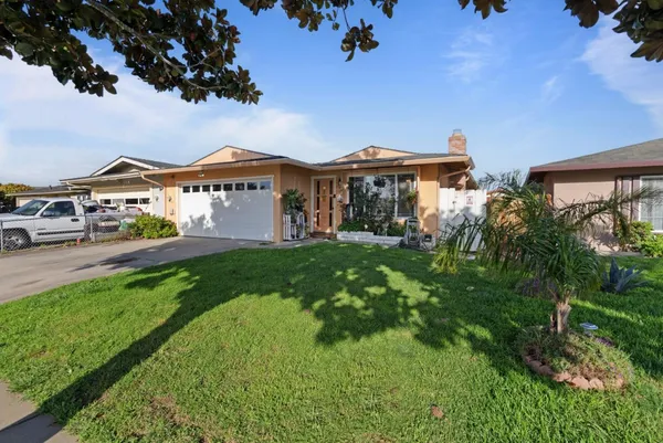 a view of a house with a big yard and potted plants in front of the house