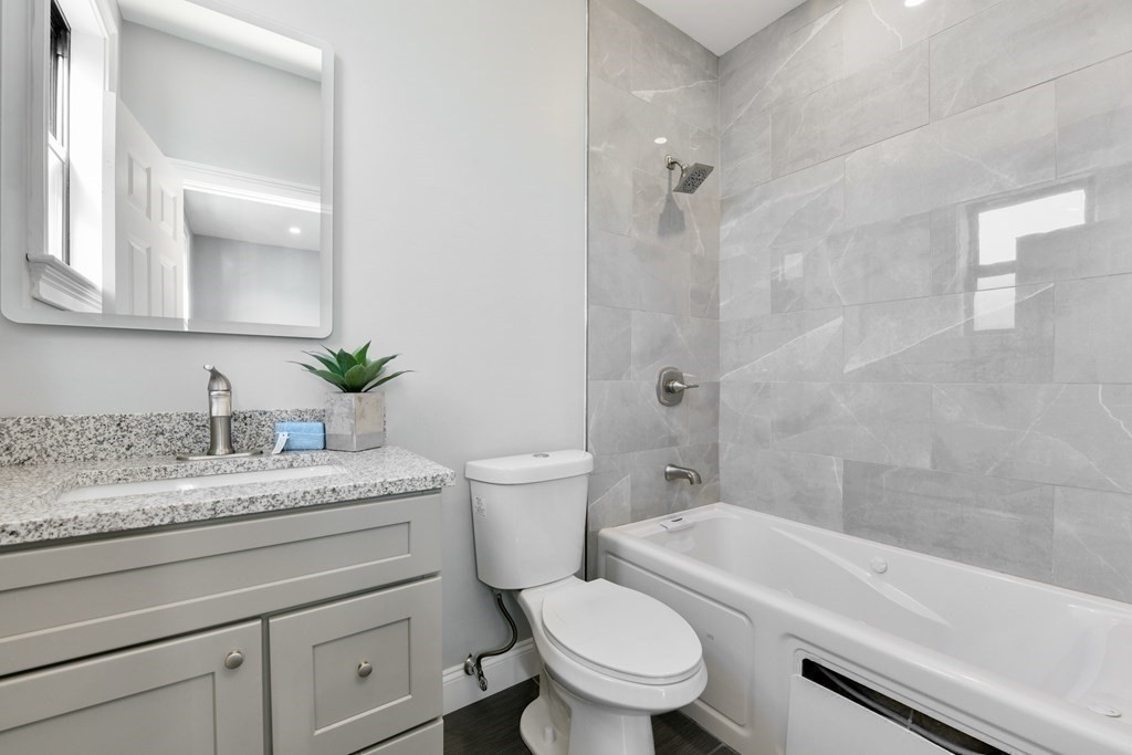 18 Albion Street, Unit 2 Boston, MA 02119 - Photo 10 of 22 a bathroom with a granite countertop toilet a sink and a bathtub