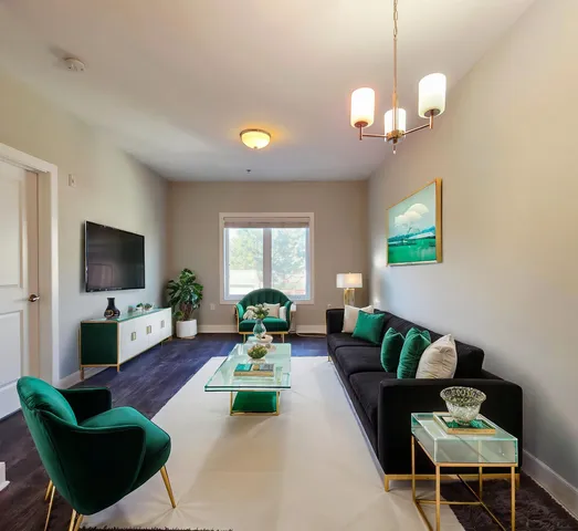 a living room with furniture a chandelier a window and a flat screen tv