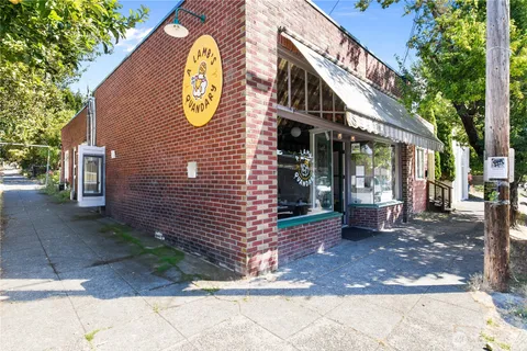 a view of a brick building with a large windows