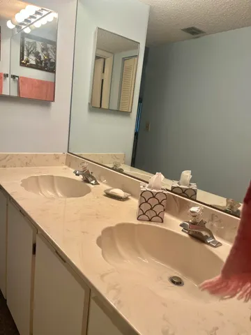 a bathroom with a sink and a mirror