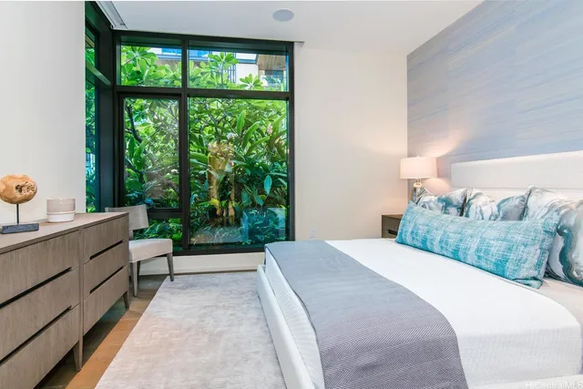 a spacious bedroom with a bed and a large window