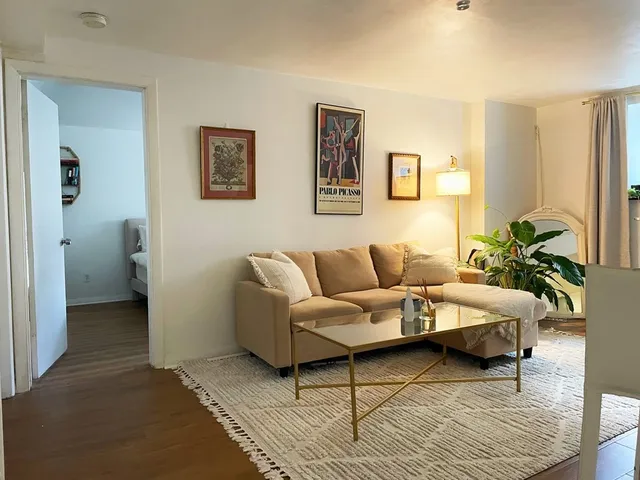 a living room with furniture and a rug