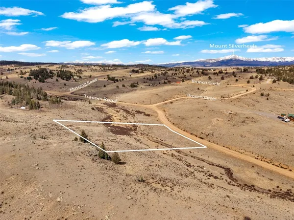 a view of a dry yard with mountains in the background