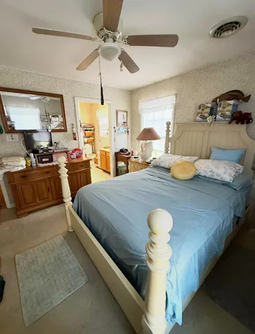 a bedroom with a bed and dresser