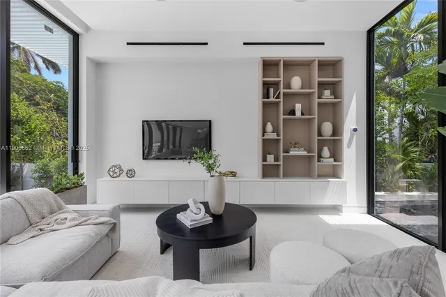 a living room with furniture and a potted plant