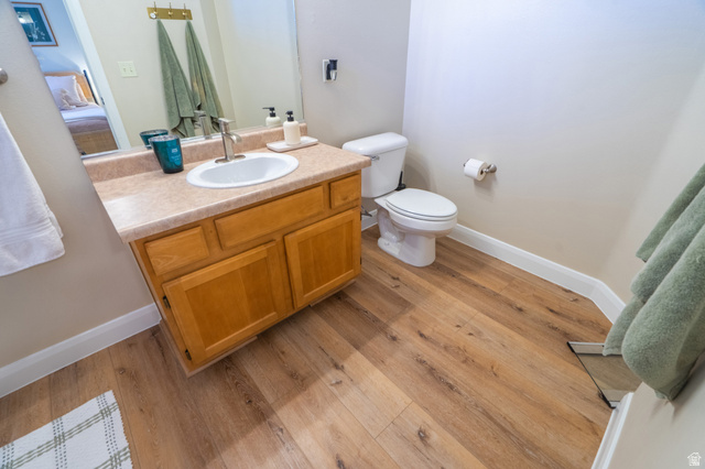 700 North Main Street, Unit F3 Washington, UT 84780 - Photo 19 of 34 Bathroom featuring wood-finish flooring, a light wood vanity with cabinet storage, a drop-in sink with a chrome faucet, and a wall-mounted mirror