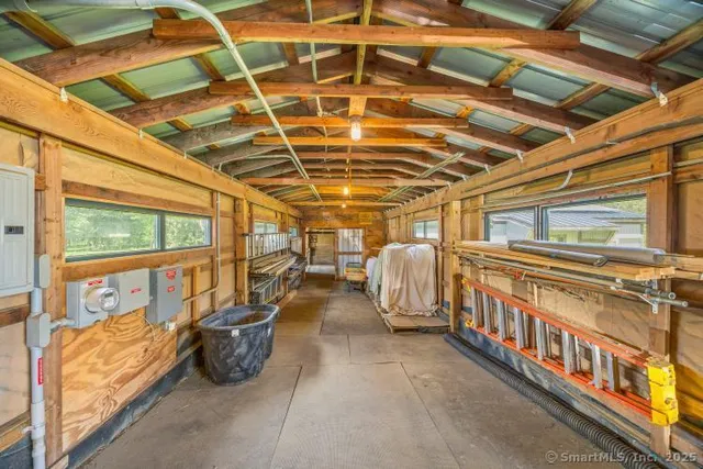a view of a storage room with windows