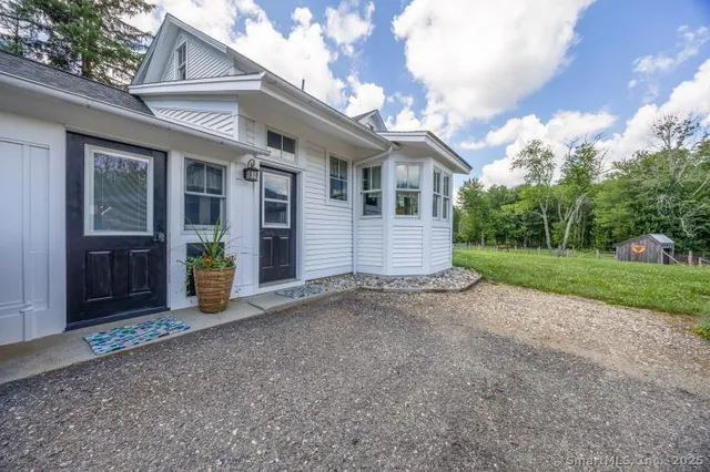a view of a house with a yard and potted plants