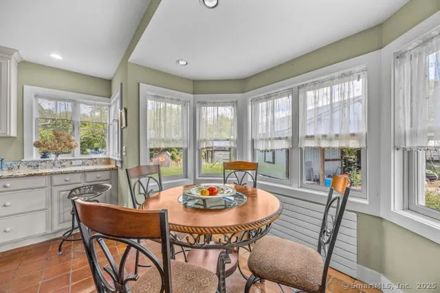 a view of a dining room with furniture window and outside view