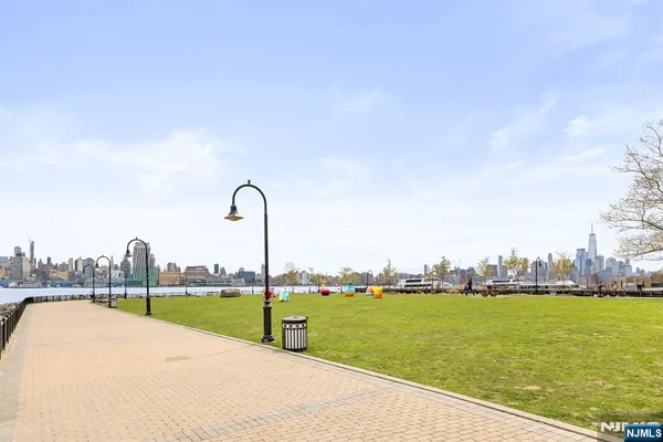 a view of a park with large trees