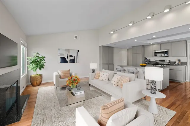 a living room with furniture and a potted plant