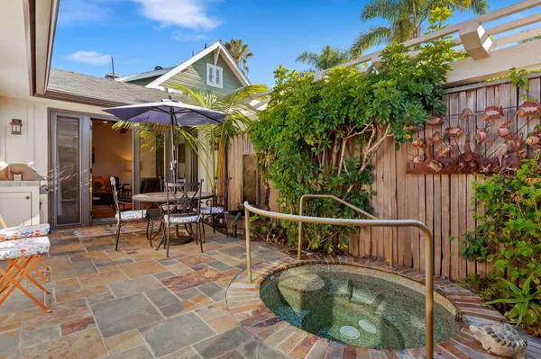 an outdoor space with furniture