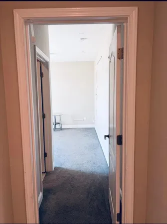 a view of a hallway with wooden floor and a hallway