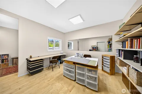 a bedroom with furniture and a bed