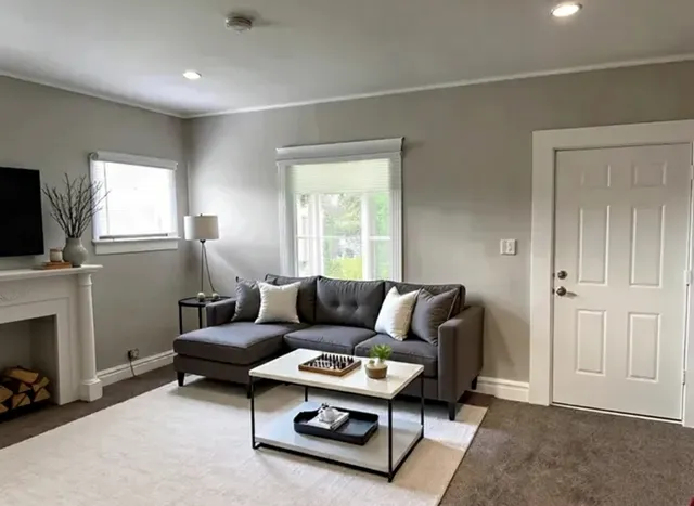 a living room with furniture and a fireplace