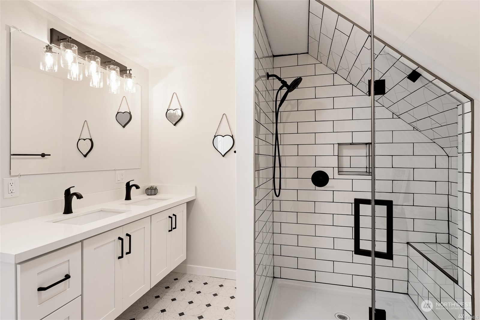 408 Nelson Street Sedro-Woolley, WA 98284 - Photo 20 of 25 a bathroom with a double vanity sink mirror and shower