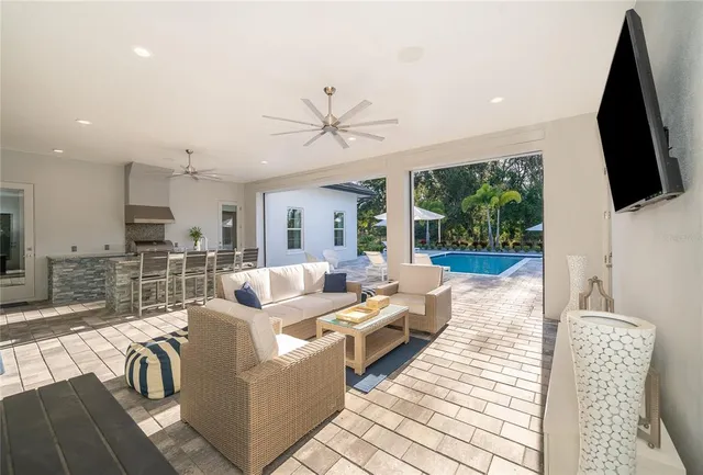 an aerial view of a swimming pool