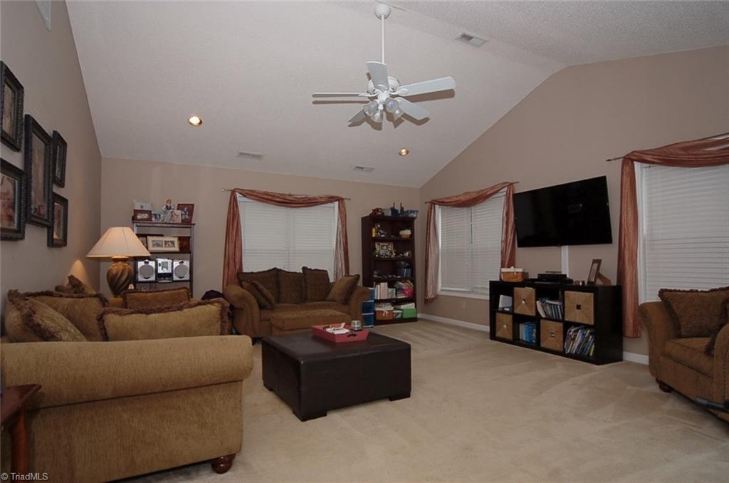 3338 Timberwolf Avenue High Point, NC 27265 - Photo 15 of 30 The spacious living room features a vaulted ceiling, recessed lighting, and large windows which allow lots of natural light.