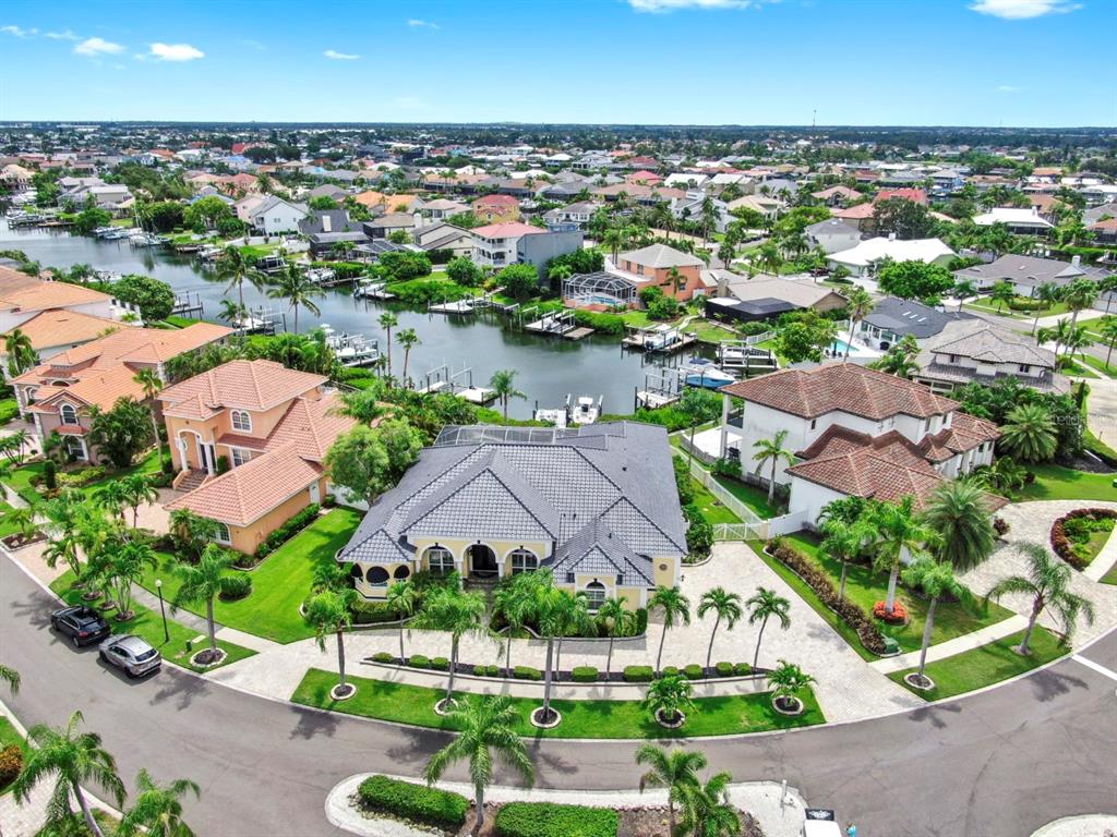 an aerial view of a house with a garden