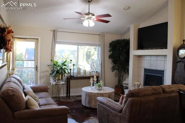 a living room with furniture a flat screen tv and a fireplace
