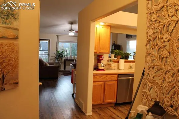a view of a living room and dining room