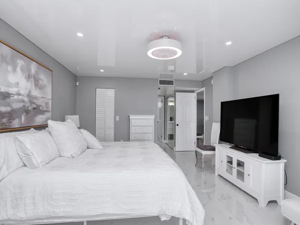 a bedroom with a flat screen tv and a bed