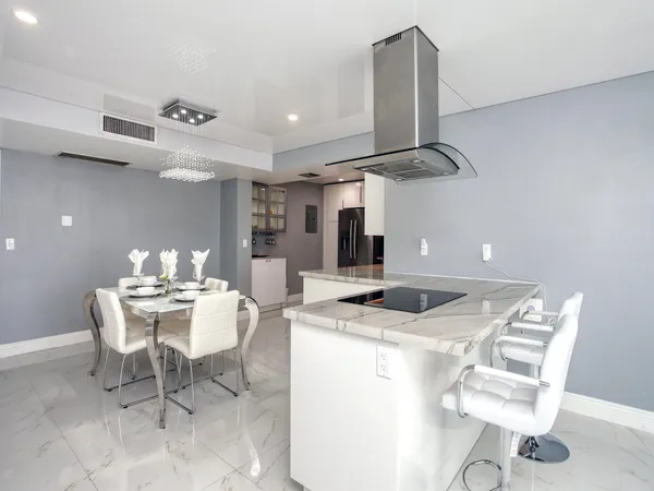 a view of a dining room with furniture