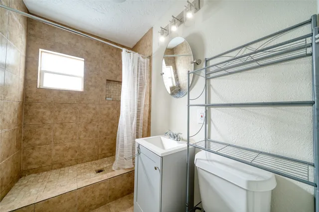 a bathroom with a shower a sink and a mirror