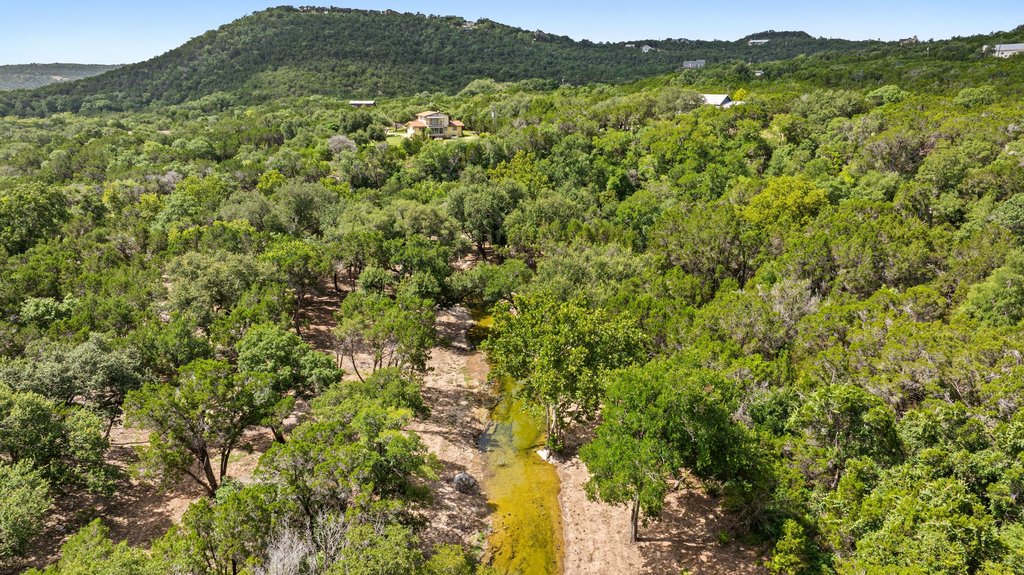 23644 Nameless Road Leander, TX 78641 - Photo 37 of 40 A tranquil, tree-filled landscape with a winding stream and distant homes offers serene natural beauty.