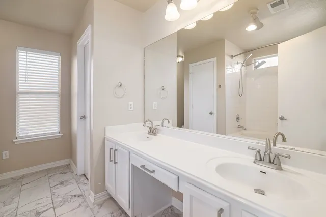 a bathroom with a sink double vanity and a mirror